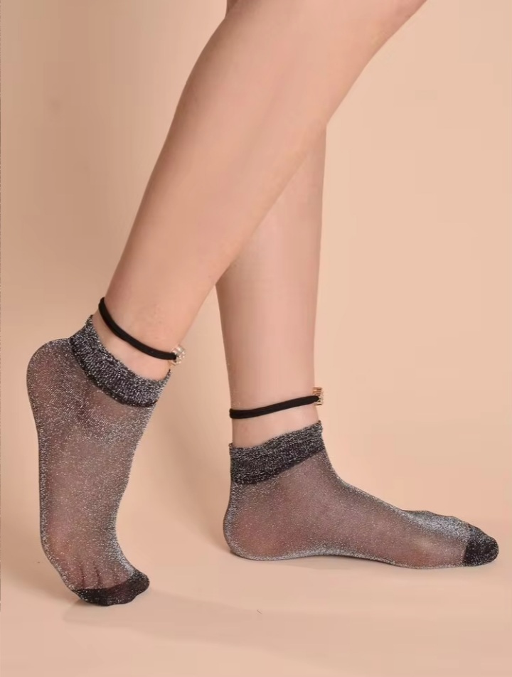 Women’s Sheer Glitter Ankle Socks with Black Trim and Decorative Anklet Strap
